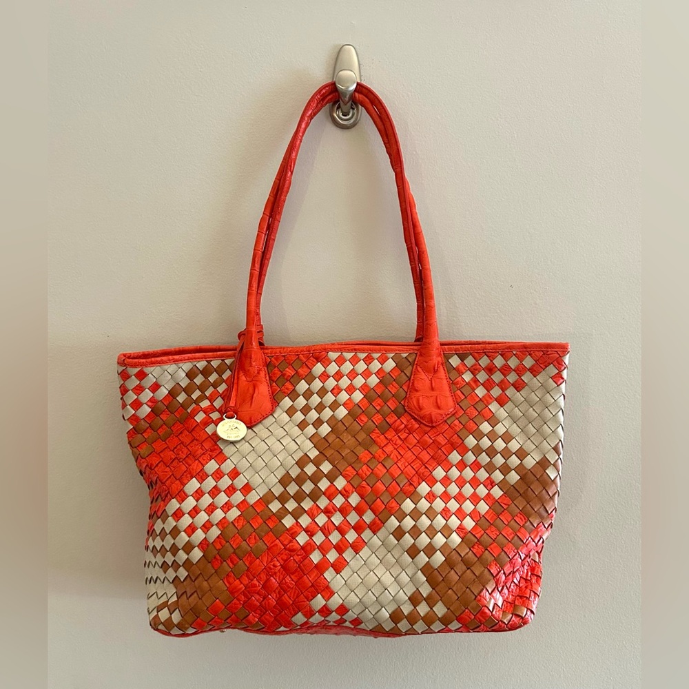 Brahmin Sassy Firecracker Woven Luxe Leather Croc Orange Multi Purse Tote